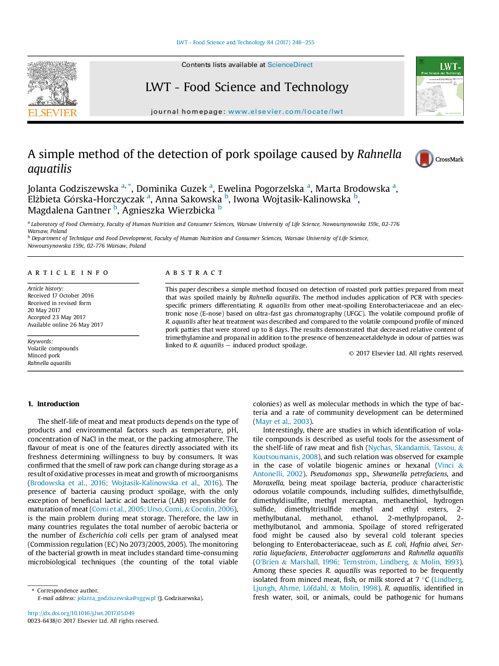 A simple method of the detection of pork spoilage caused by Rahnella aquatilis