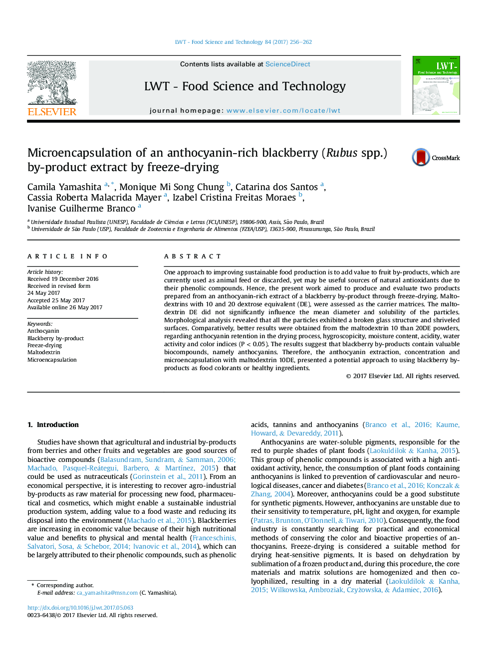 Microencapsulation of an anthocyanin-rich blackberry (Rubus spp.) by-product extract by freeze-drying