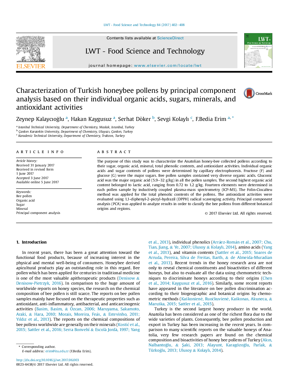 Characterization of Turkish honeybee pollens by principal component analysis based on their individual organic acids, sugars, minerals, and antioxidant activities