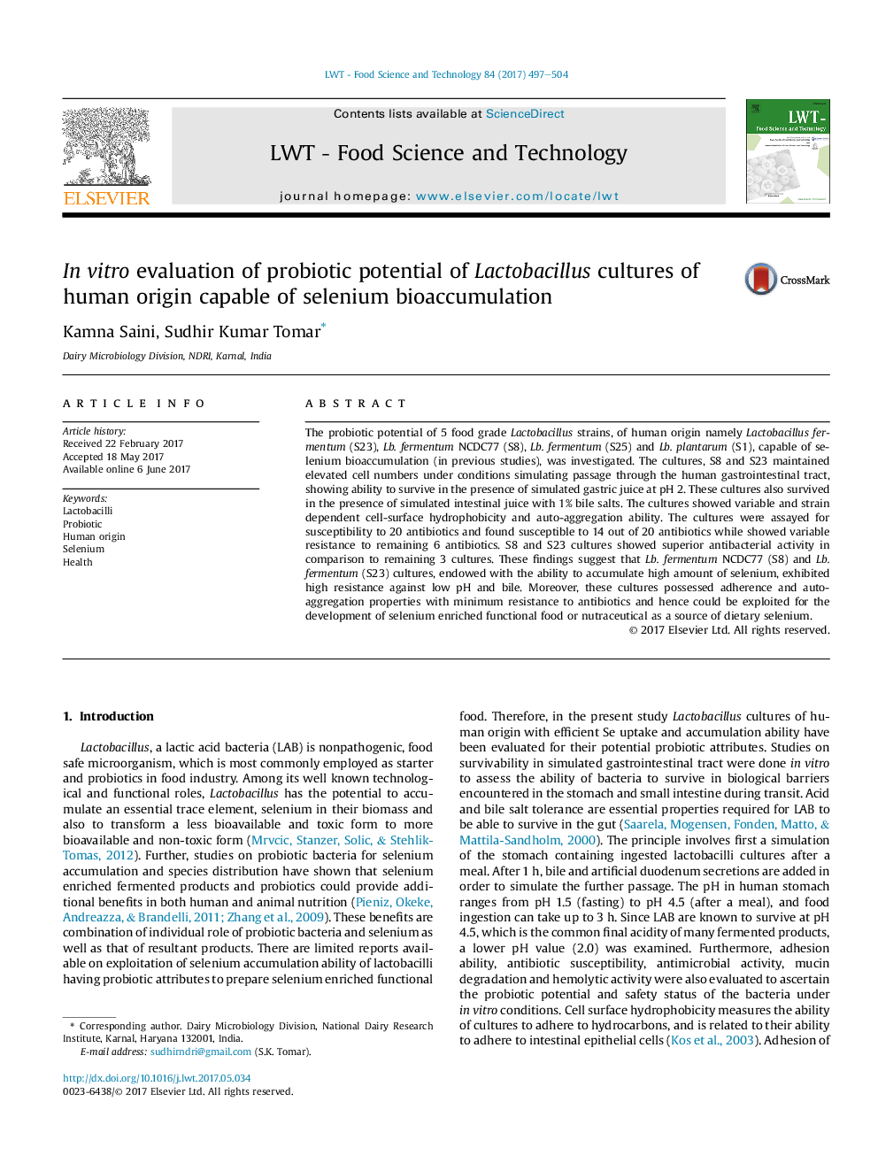 InÂ vitro evaluation of probiotic potential of Lactobacillus cultures of human origin capable of selenium bioaccumulation