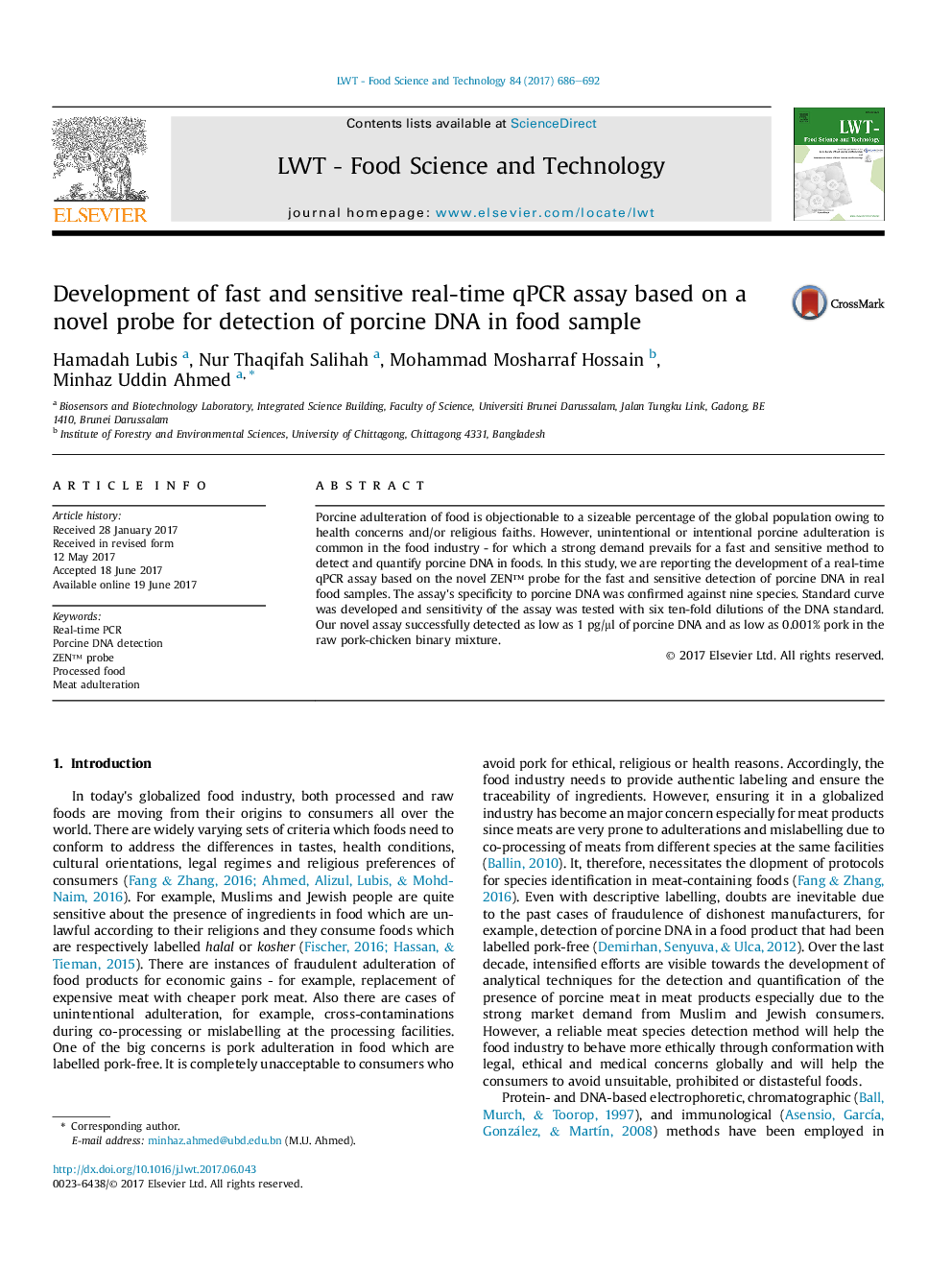 Development of fast and sensitive real-time qPCR assay based on a novel probe for detection of porcine DNA in food sample