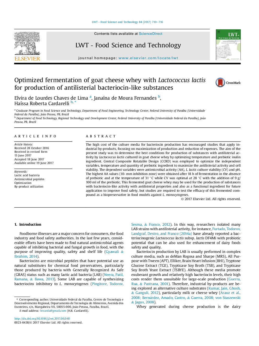 Optimized fermentation of goat cheese whey with Lactococcus lactis for production of antilisterial bacteriocin-like substances