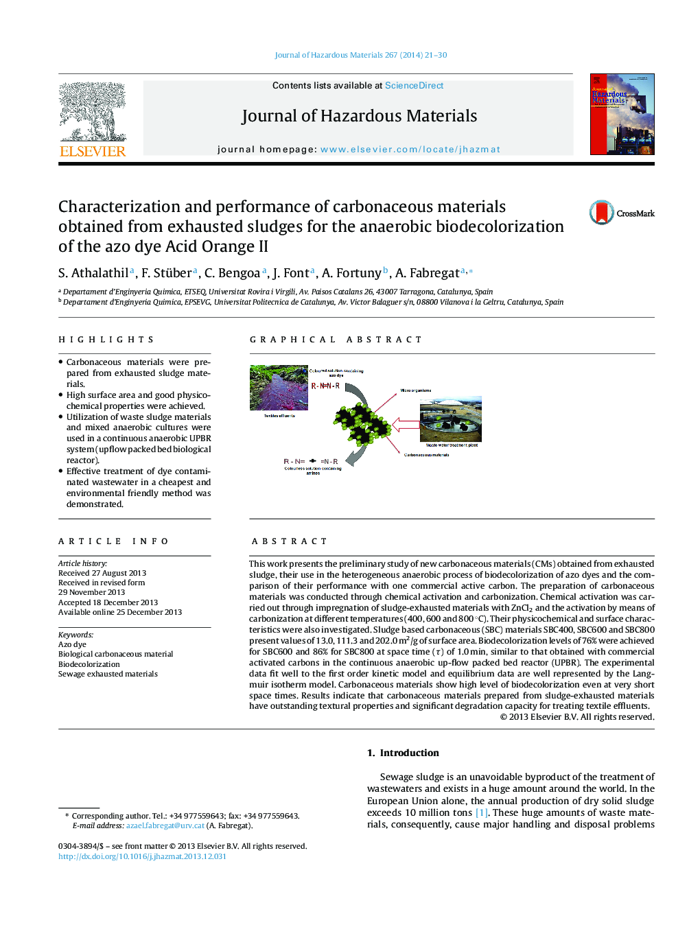 عکس صفحه اول مقاله: Characterization and performance of carbonaceous materials obtained from exhausted sludges for the anaerobic biodecolorization of the azo dye Acid Orange II Characterization and performance of carbonaceous materials obtained from exhausted sludges for the anaerobic biodecolorization of the azo dye Acid Orange II