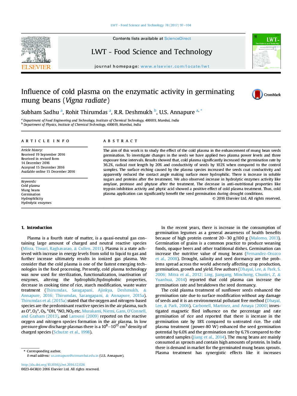 Influence of cold plasma on the enzymatic activity in germinating mung beans (Vigna radiate)