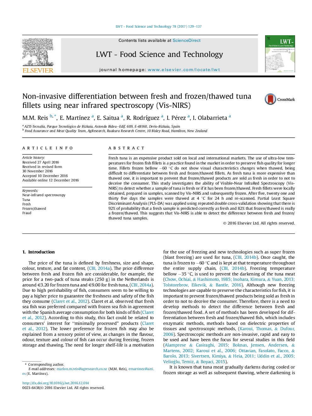 Non-invasive differentiation between fresh and frozen/thawed tuna fillets using near infrared spectroscopy (Vis-NIRS)