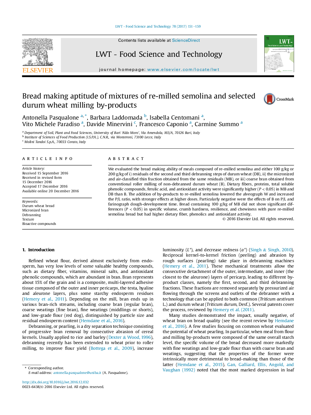 Bread making aptitude of mixtures of re-milled semolina and selected durum wheat milling by-products