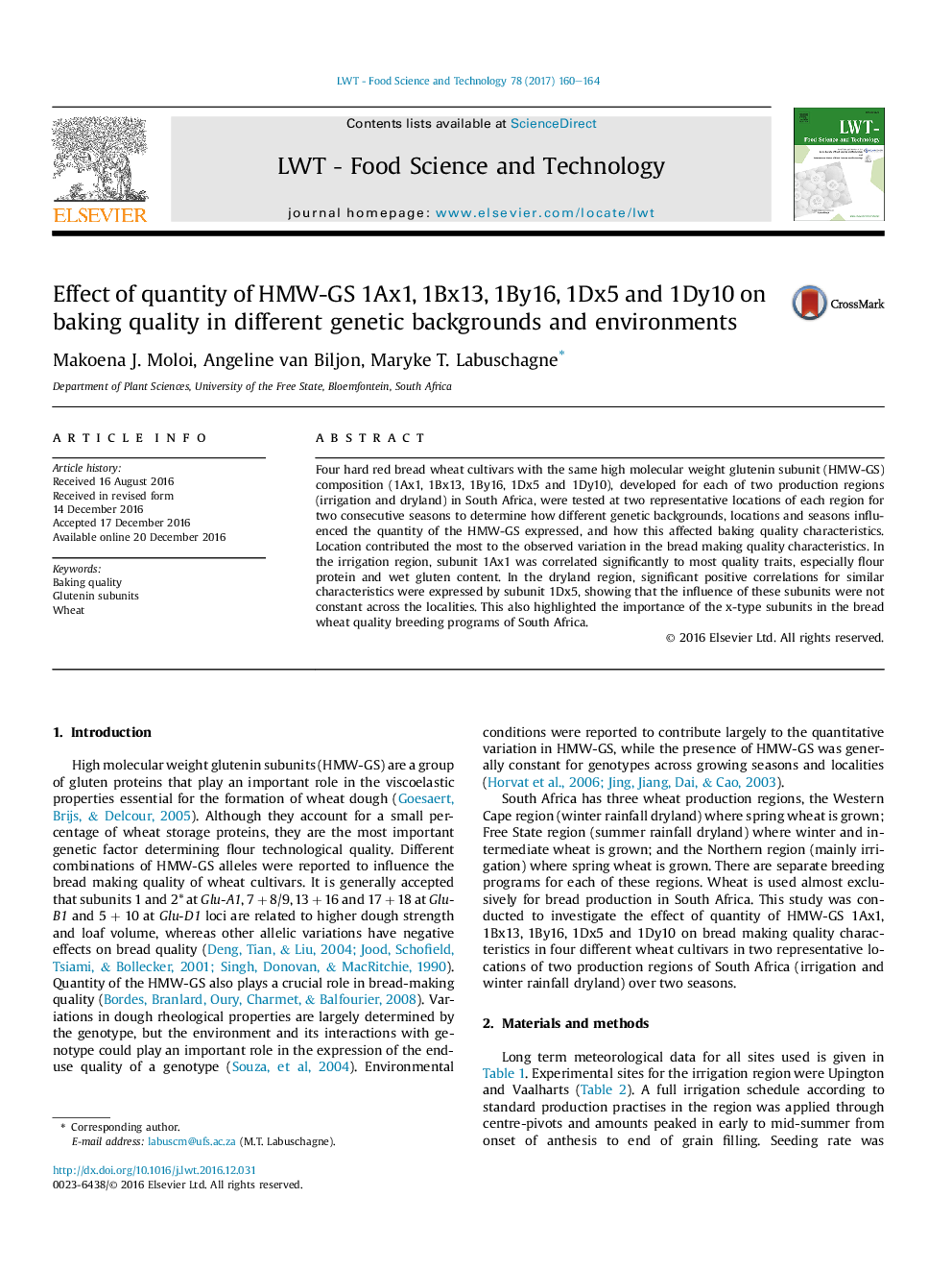 Effect of quantity of HMW-GS 1Ax1, 1Bx13, 1By16, 1Dx5 and 1Dy10 on baking quality in different genetic backgrounds and environments