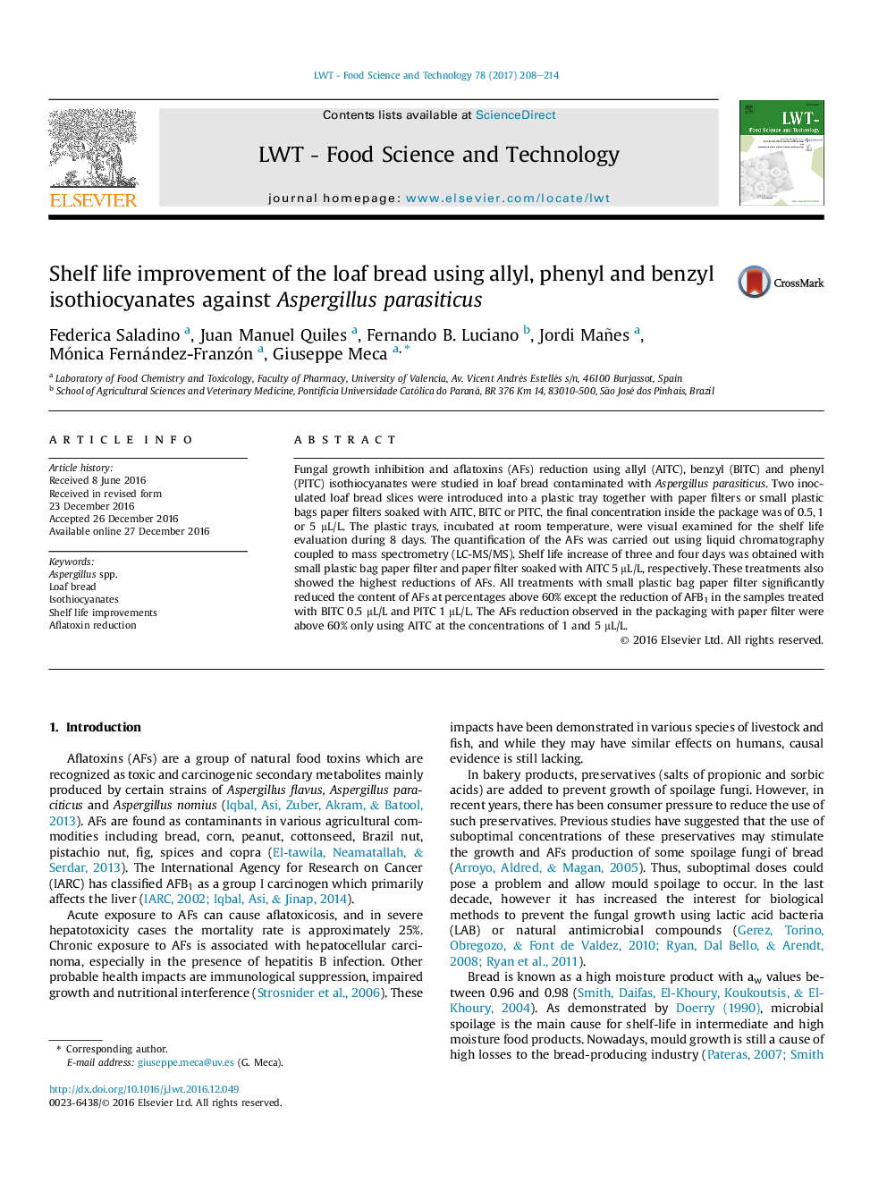 Shelf life improvement of the loaf bread using allyl, phenyl and benzyl isothiocyanates against Aspergillus parasiticus