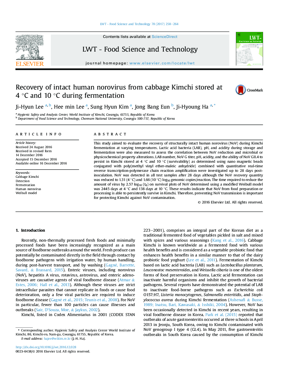 Recovery of intact human norovirus from cabbage Kimchi stored at 4Â Â°C and 10Â Â°C during fermentation