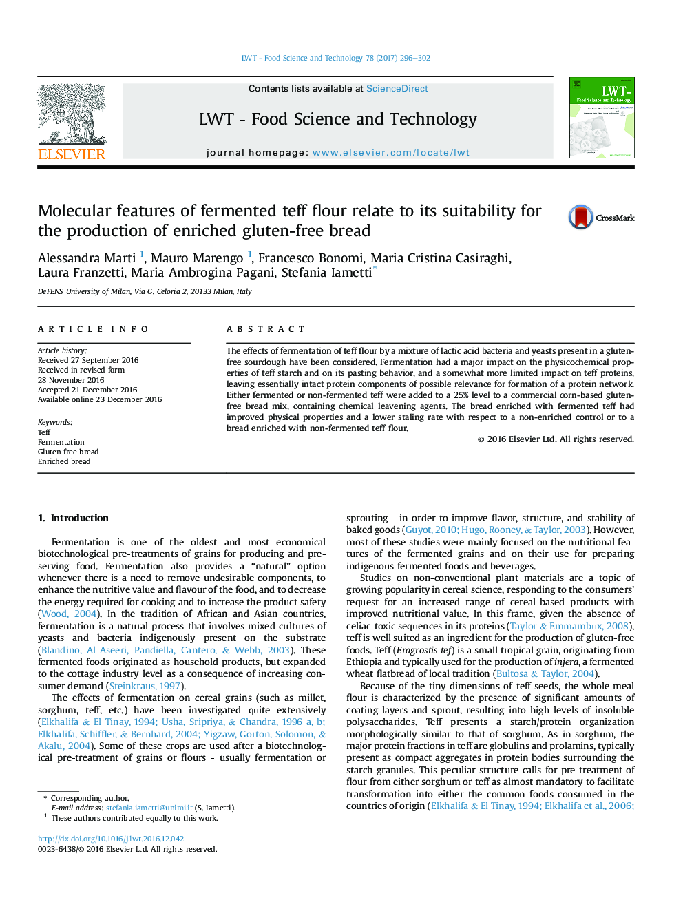 Molecular features of fermented teff flour relate to its suitability for the production of enriched gluten-free bread