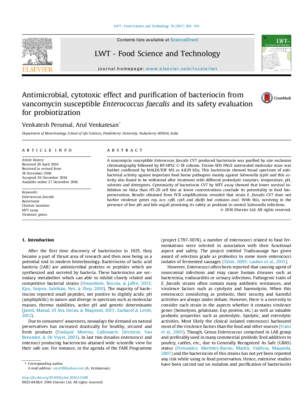 Antimicrobial, cytotoxic effect and purification of bacteriocin from vancomycin susceptible Enterococcus faecalis and its safety evaluation for probiotization