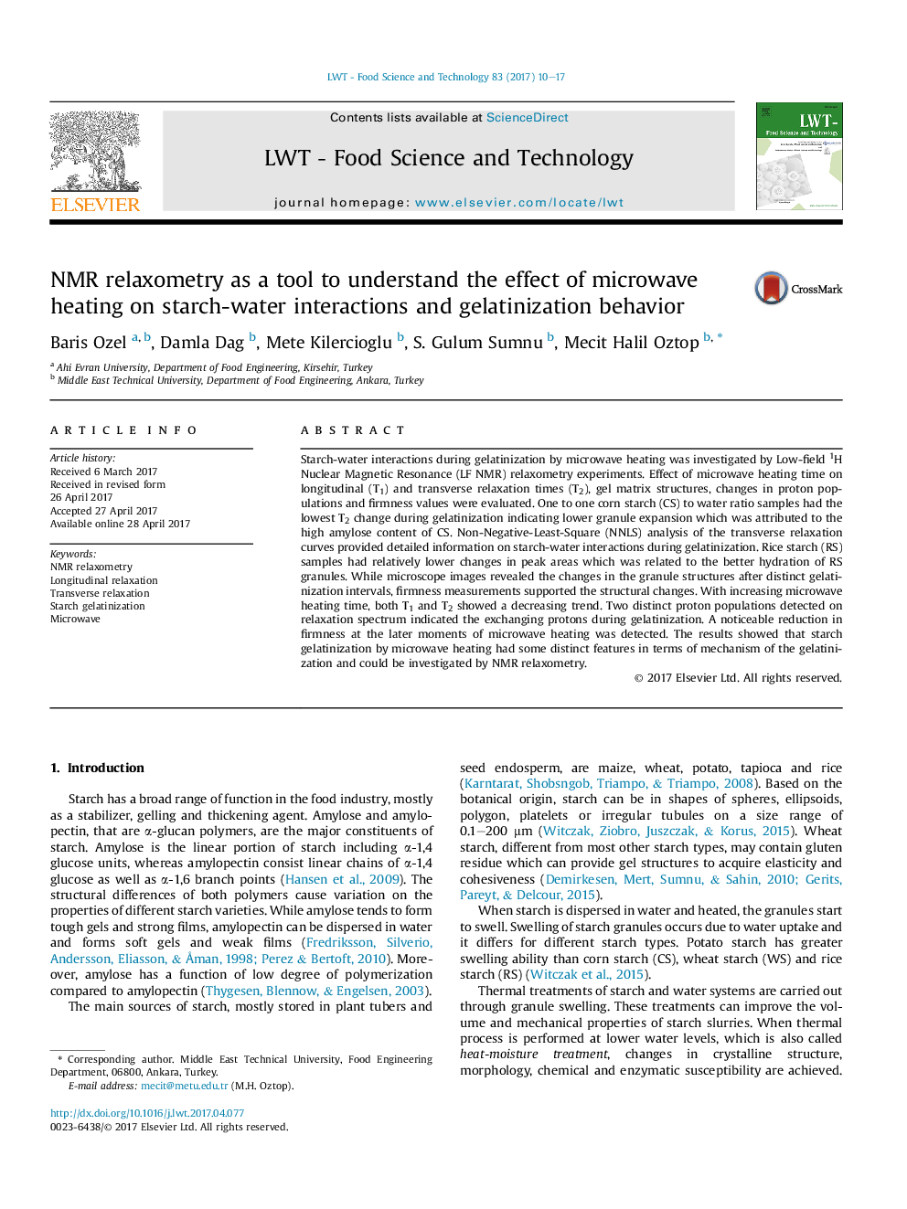 NMR relaxometry as a tool to understand the effect of microwave heating on starch-water interactions and gelatinization behavior