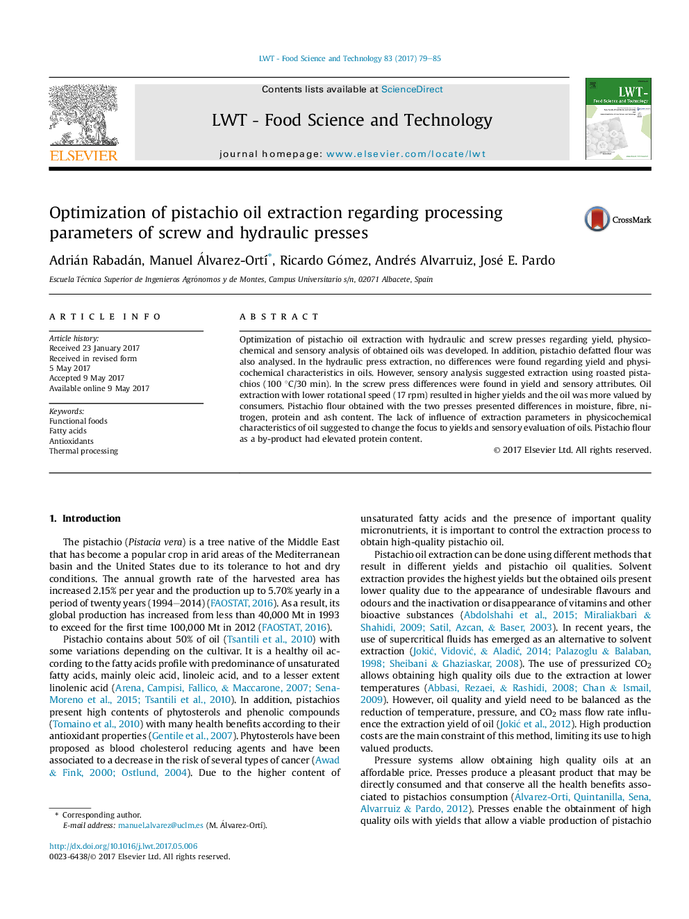 Optimization of pistachio oil extraction regarding processing parameters of screw and hydraulic presses