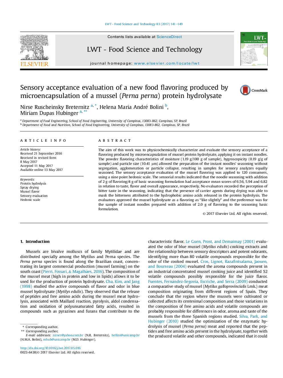 Sensory acceptance evaluation of a new food flavoring produced by microencapsulation of a mussel (Perna perna) protein hydrolysate