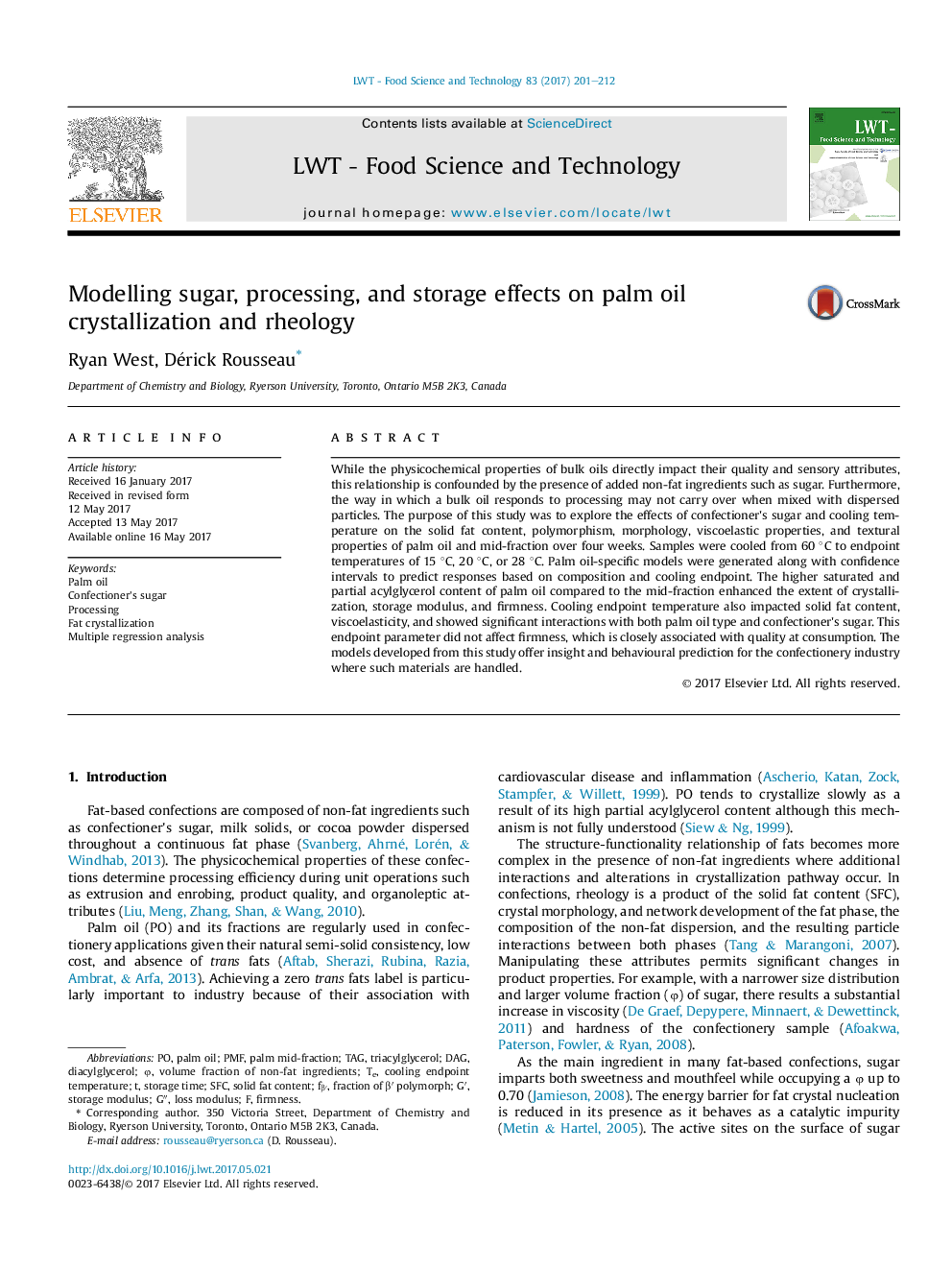 Modelling sugar, processing, and storage effects on palm oil crystallization and rheology