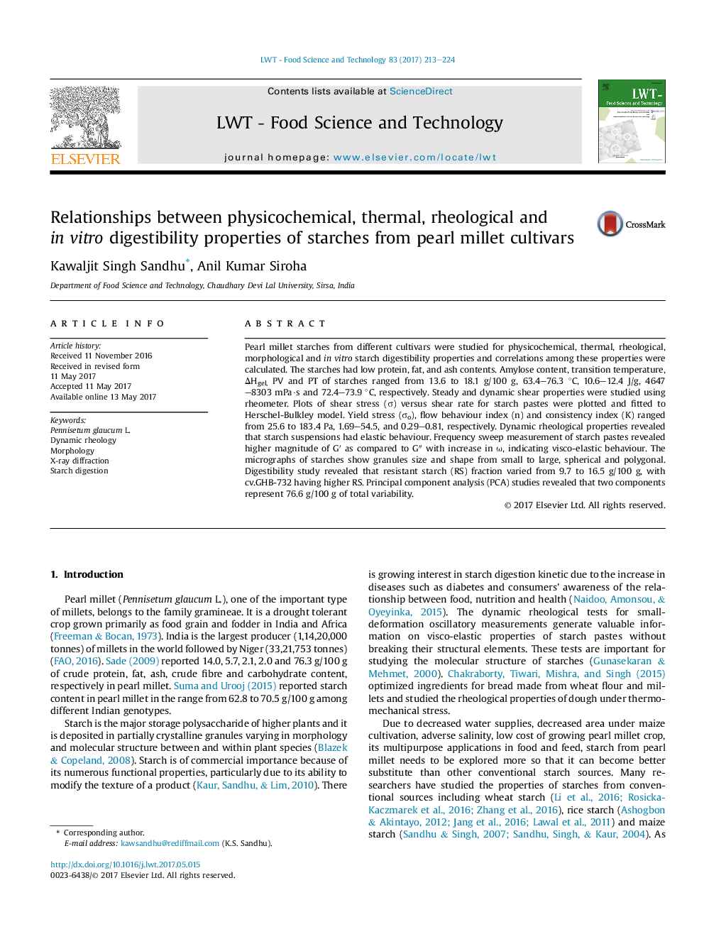 Relationships between physicochemical, thermal, rheological and inÂ vitro digestibility properties of starches from pearl millet cultivars