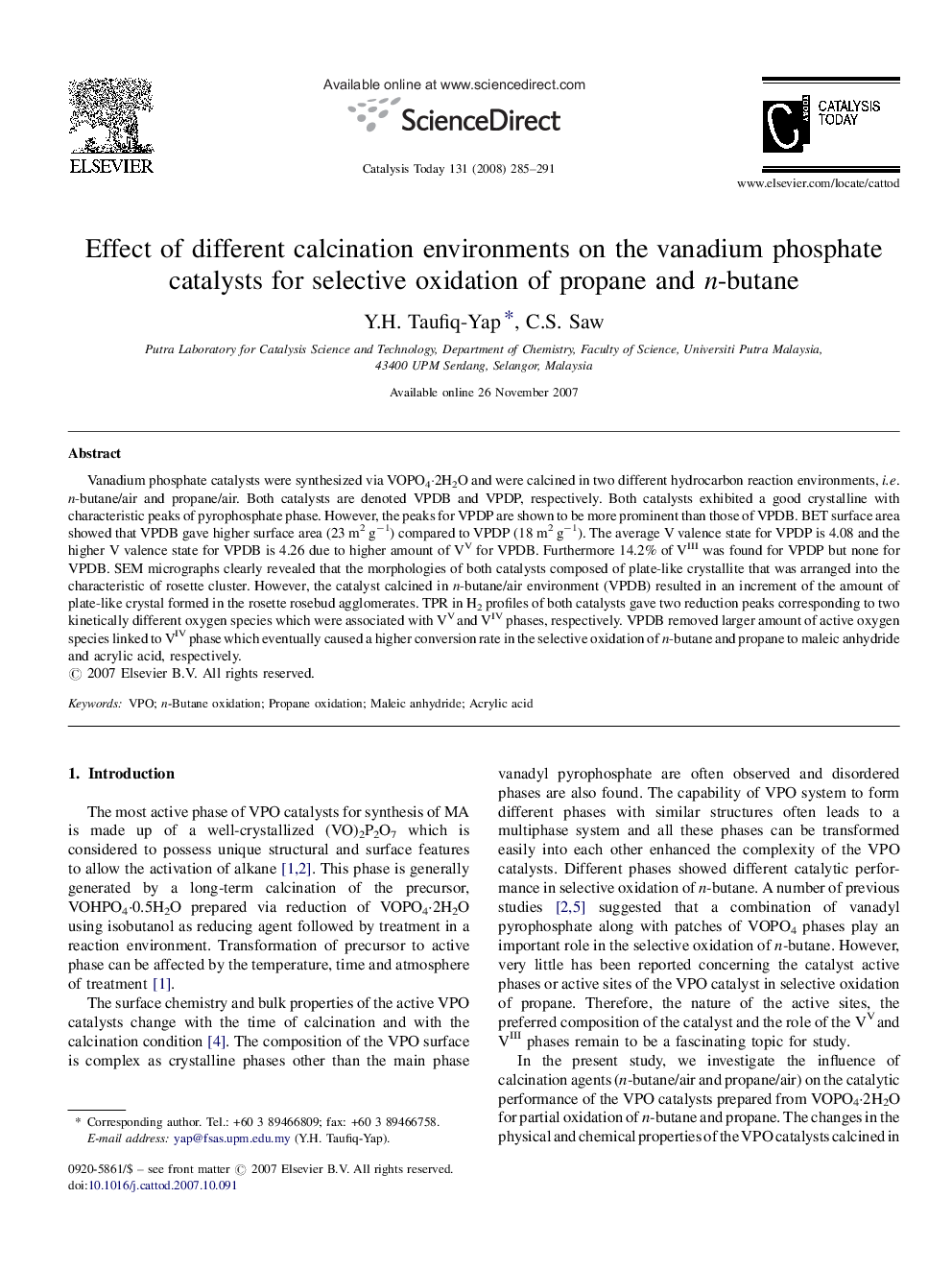 Effect of different calcination environments on the vanadium phosphate catalysts for selective oxidation of propane and n-butane