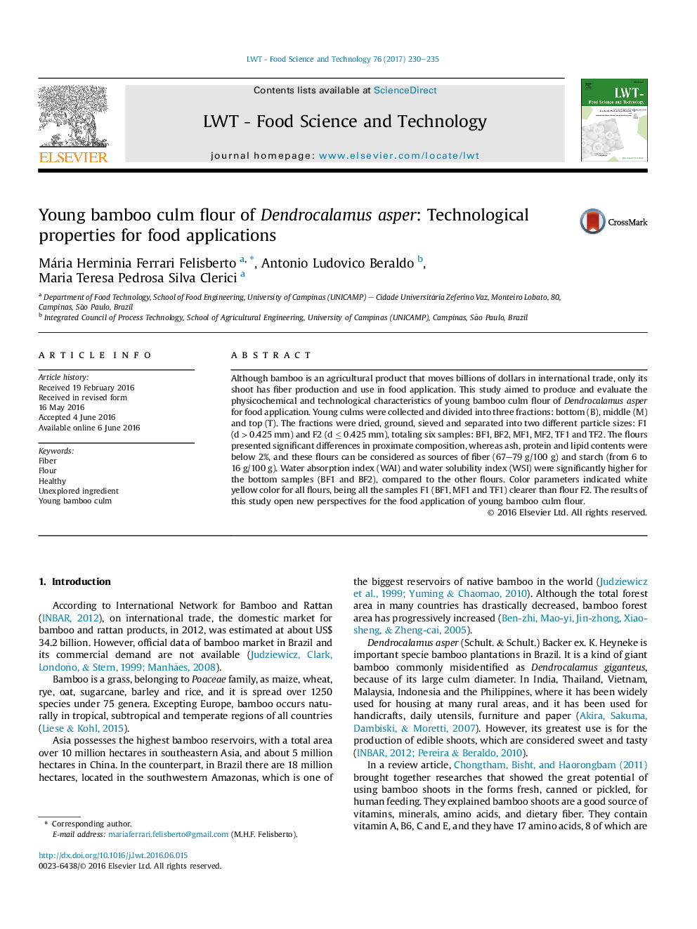 Young bamboo culm flour of Dendrocalamus asper: Technological properties for food applications