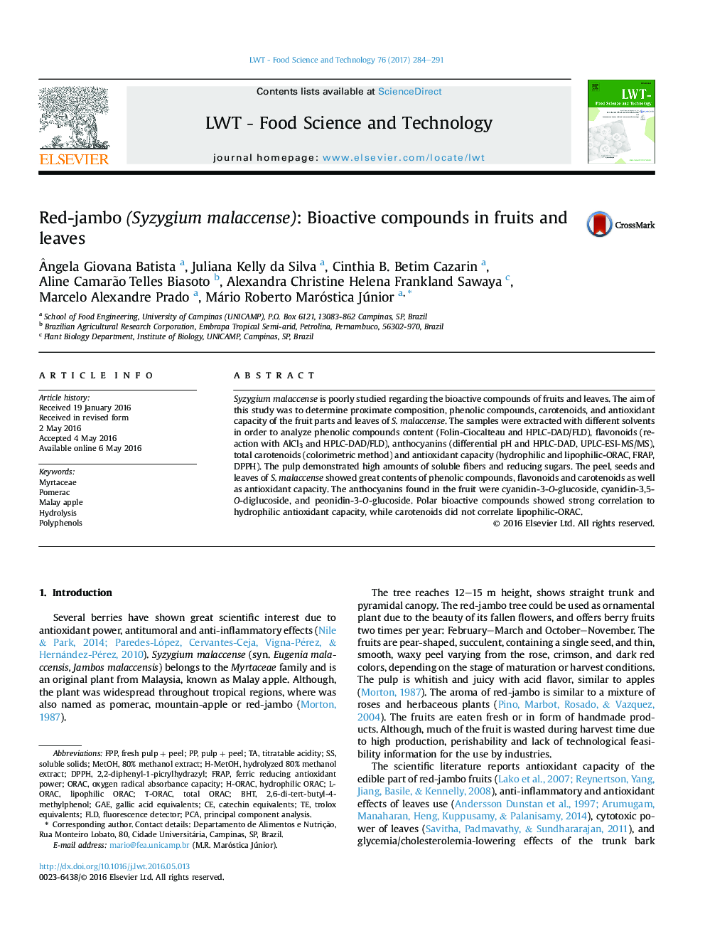 Red-jambo (Syzygium malaccense): Bioactive compounds in fruits and leaves