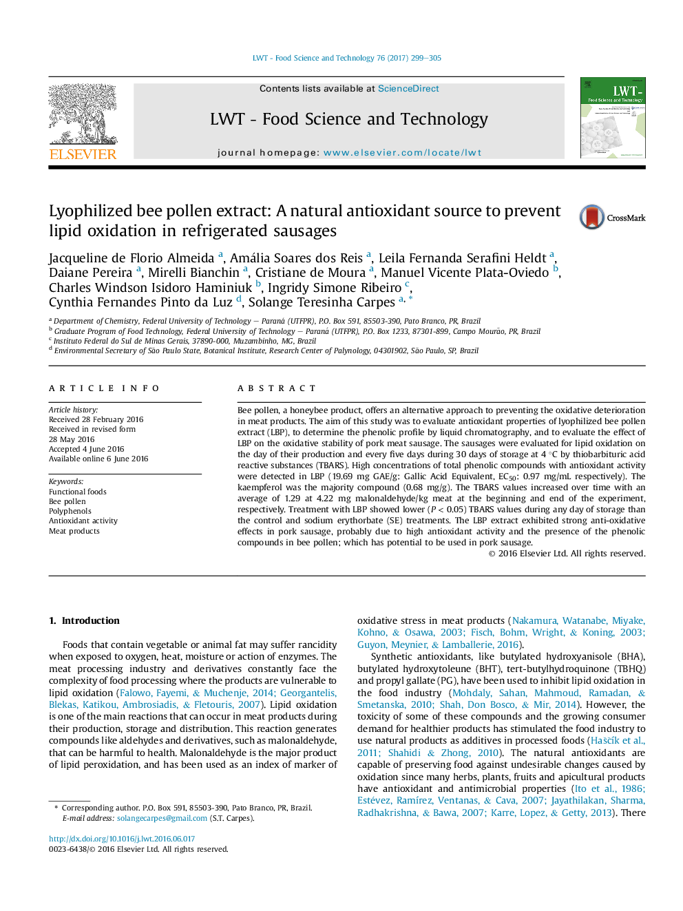 Lyophilized bee pollen extract: A natural antioxidant source to prevent lipid oxidation in refrigerated sausages