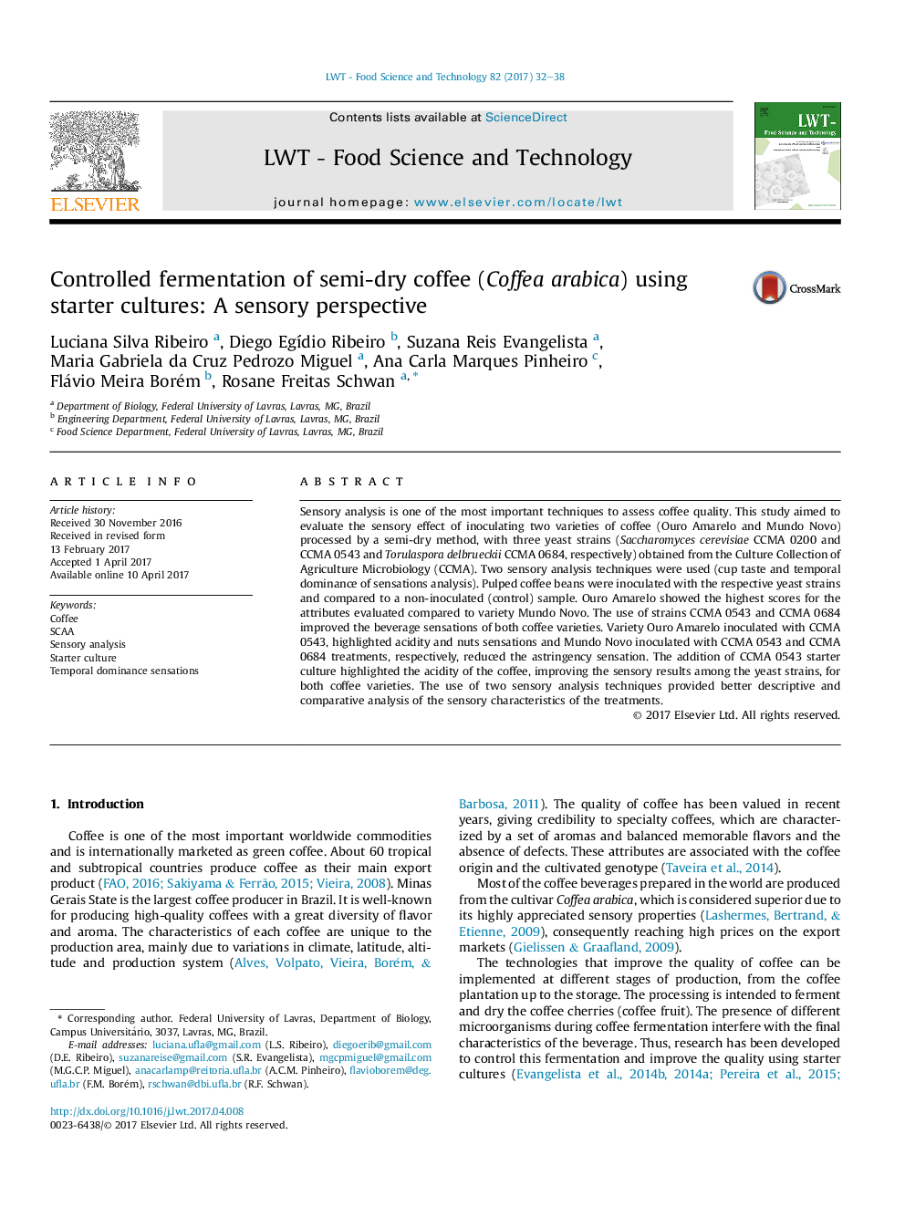 Controlled fermentation of semi-dry coffee (Coffea arabica) using starter cultures: A sensory perspective