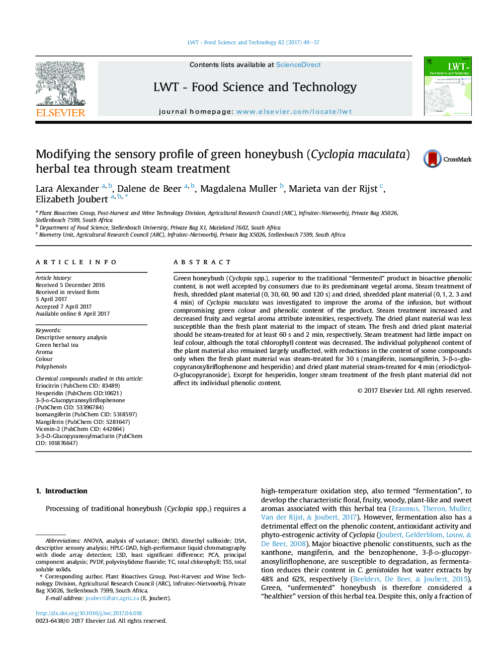 Modifying the sensory profile of green honeybush (Cyclopia maculata) herbal tea through steam treatment