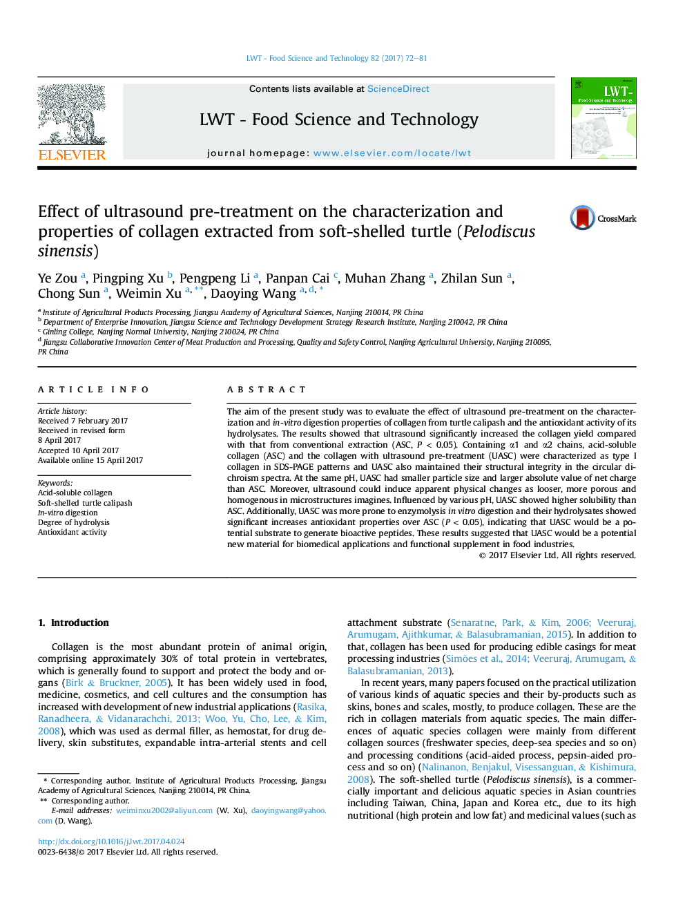 Effect of ultrasound pre-treatment on the characterization and properties of collagen extracted from soft-shelled turtle (Pelodiscus sinensis)