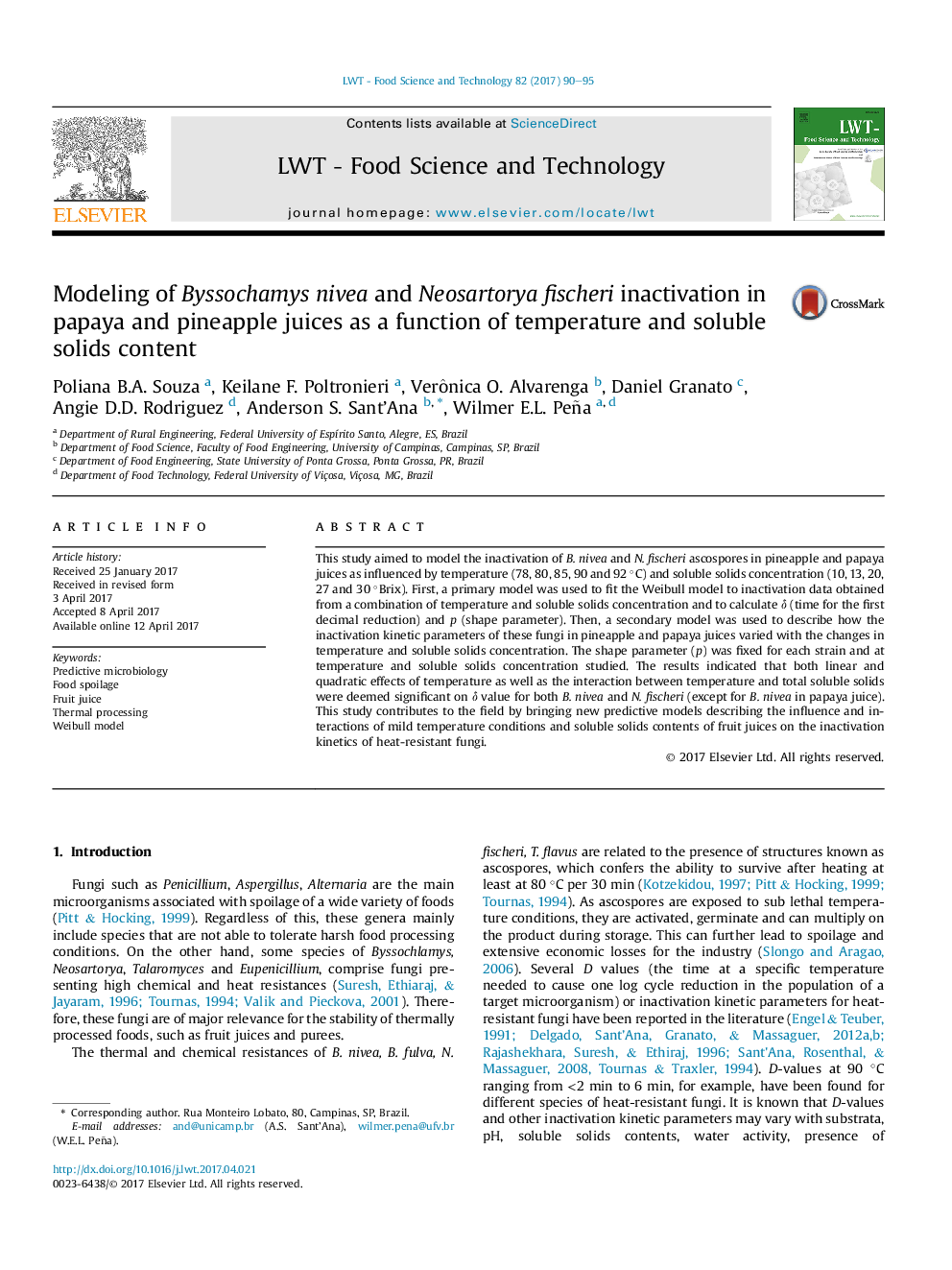 Modeling of Byssochamys nivea and Neosartorya fischeri inactivation in papaya and pineapple juices as a function of temperature and soluble solids content