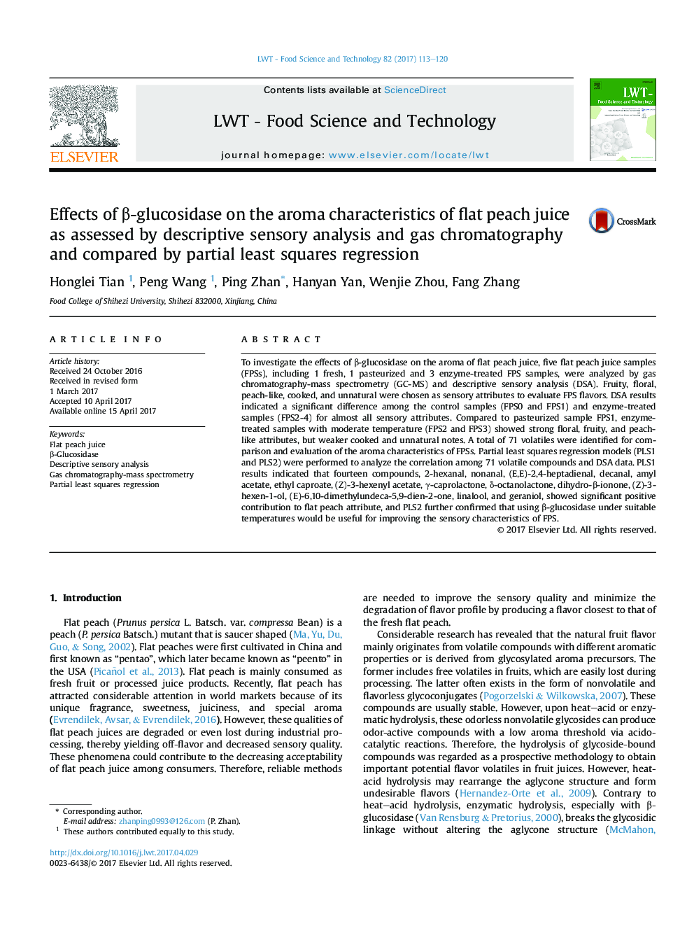 Effects of Î²-glucosidase on the aroma characteristics of flat peach juice as assessed by descriptive sensory analysis and gas chromatography and compared by partial least squares regression