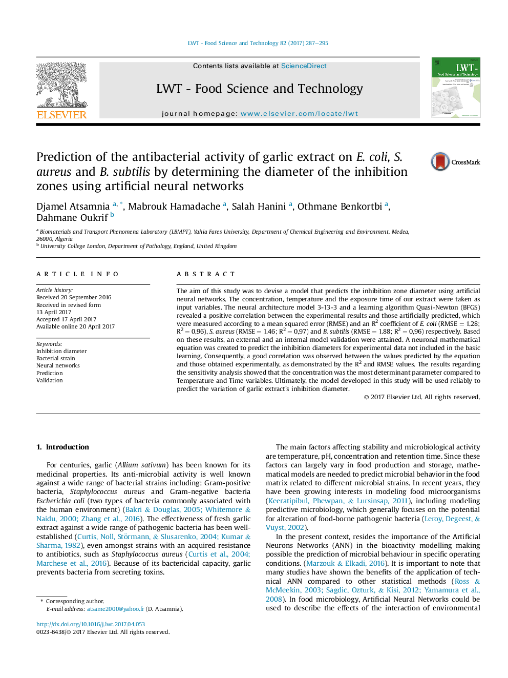 Prediction of the antibacterial activity of garlic extract on E.Â coli, S. aureus and B.Â subtilis by determining the diameter of the inhibition zones using artificial neural networks