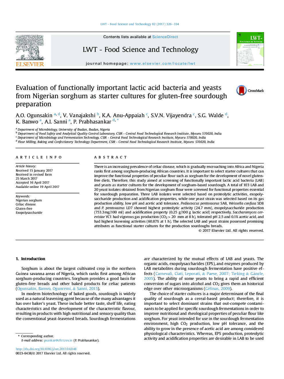 Evaluation of functionally important lactic acid bacteria and yeasts from Nigerian sorghum as starter cultures for gluten-free sourdough preparation