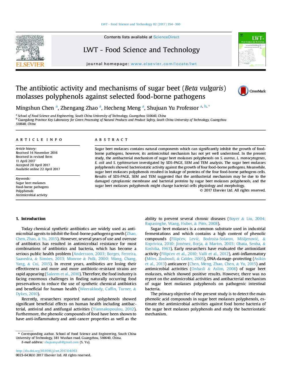 The antibiotic activity and mechanisms of sugar beet (Beta vulgaris) molasses polyphenols against selected food-borne pathogens