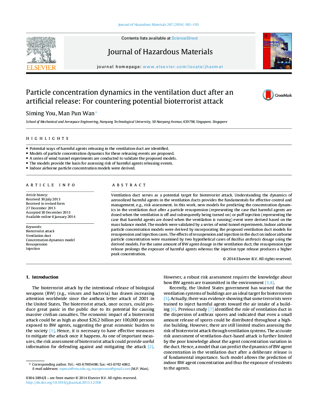 Particle concentration dynamics in the ventilation duct after an artificial release: For countering potential bioterrorist attack