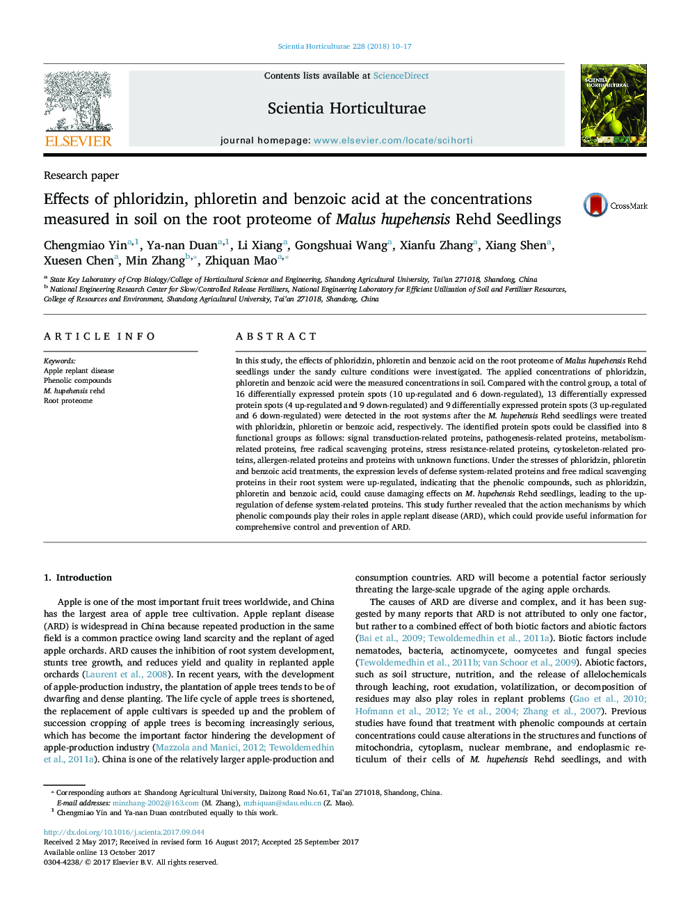 Research paperEffects of phloridzin, phloretin and benzoic acid at the concentrations measured in soil on the root proteome of Malus hupehensis Rehd Seedlings