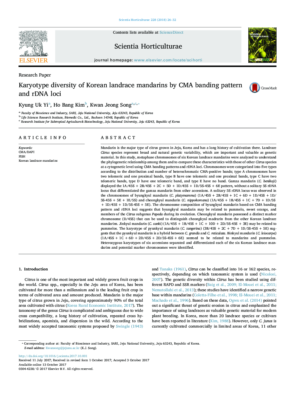 Research PaperKaryotype diversity of Korean landrace mandarins by CMA banding pattern and rDNA loci