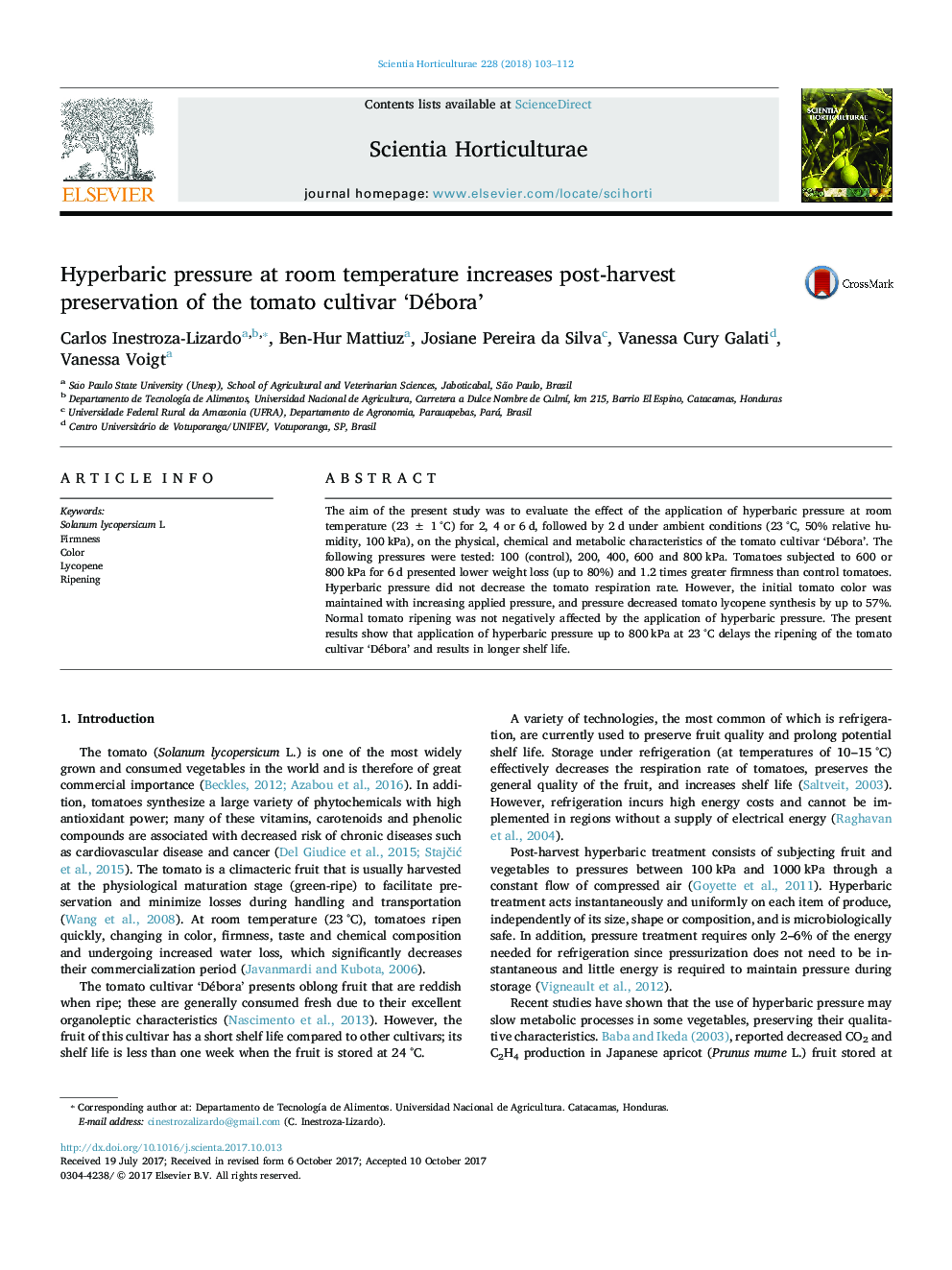 Hyperbaric pressure at room temperature increases post-harvest preservation of the tomato cultivar 'Débora'