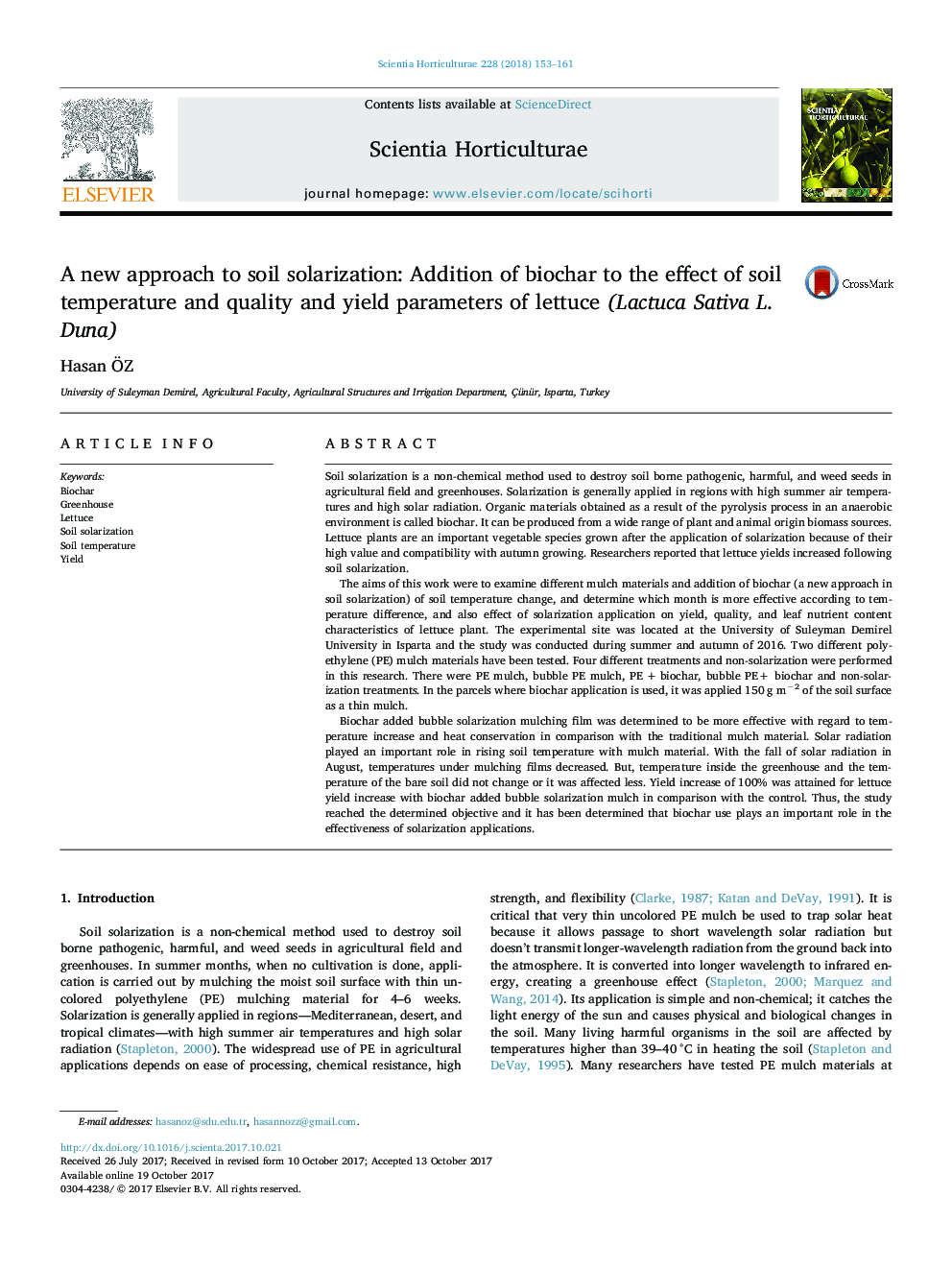 A new approach to soil solarization: Addition of biochar to the effect of soil temperature and quality and yield parameters of lettuce (Lactuca Sativa L. Duna)