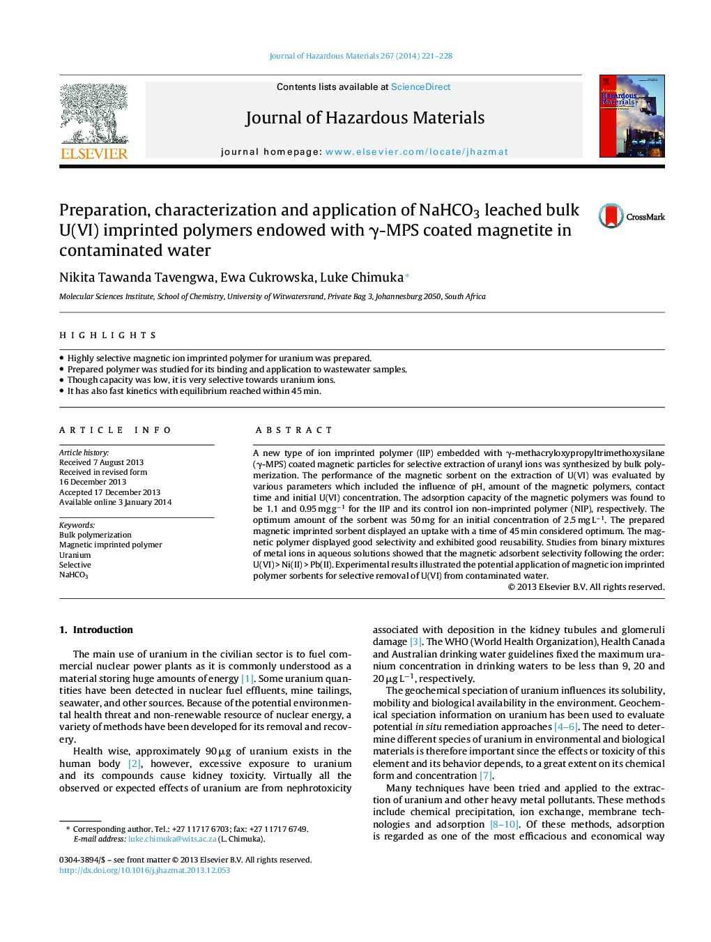عکس صفحه اول مقاله: Preparation, characterization and application of NaHCO3 leached bulk U(VI) imprinted polymers endowed with γ-MPS coated magnetite in contaminated water Preparation, characterization and application of NaHCO3 leached bulk U(VI) imprinted polymers endowed with γ-MPS coated magnetite in contaminated water