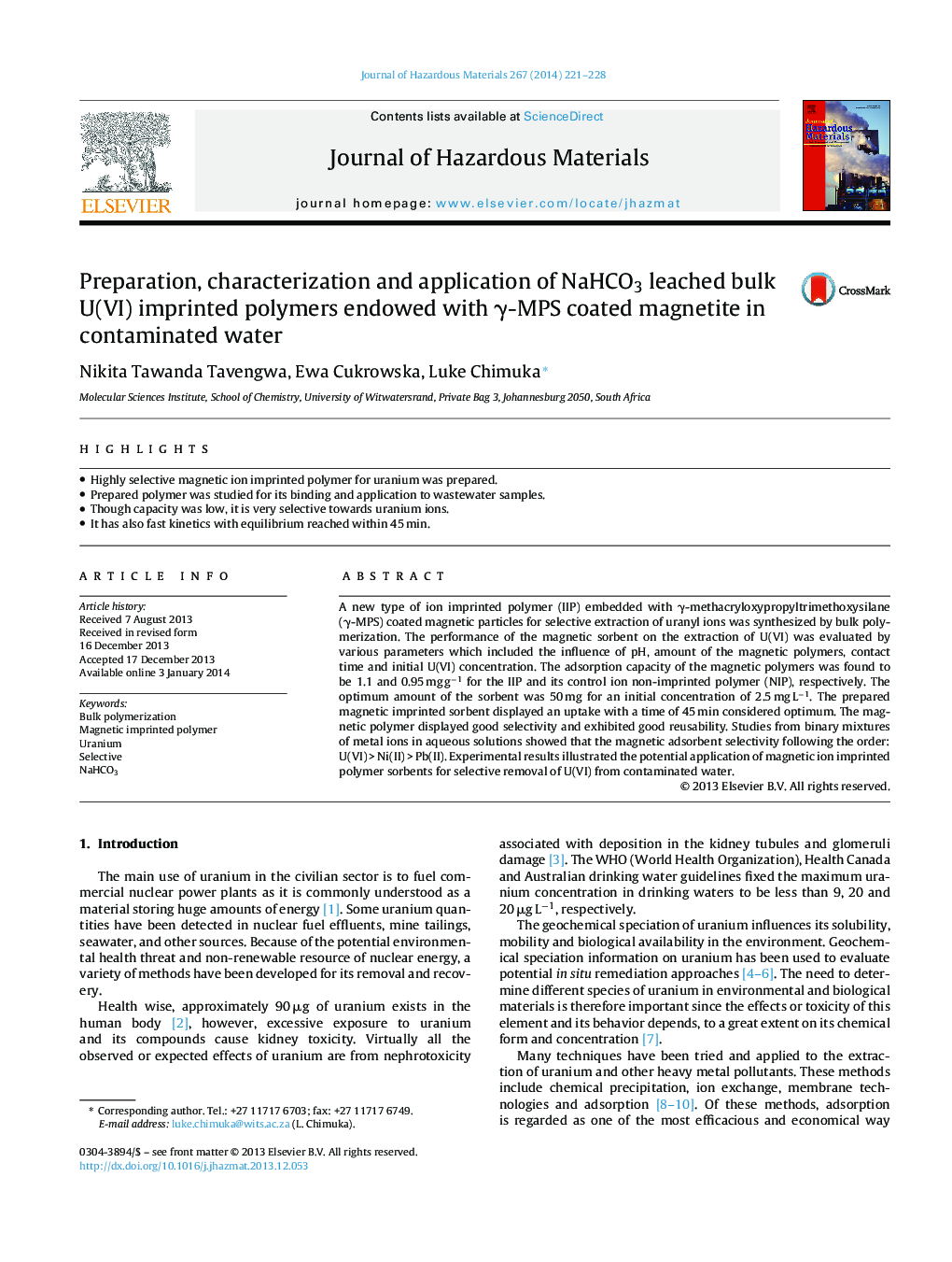 Preparation, characterization and application of NaHCO3 leached bulk U(VI) imprinted polymers endowed with Î³-MPS coated magnetite in contaminated water