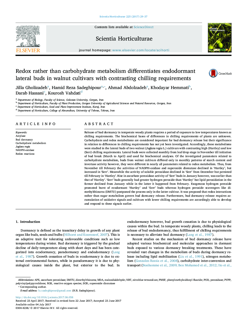 Redox rather than carbohydrate metabolism differentiates endodormant lateral buds in walnut cultivars with contrasting chilling requirements