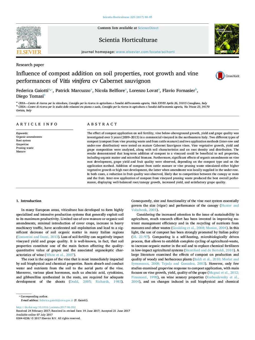 Research paperInfluence of compost addition on soil properties, root growth and vine performances of Vitis vinifera cv Cabernet sauvignon