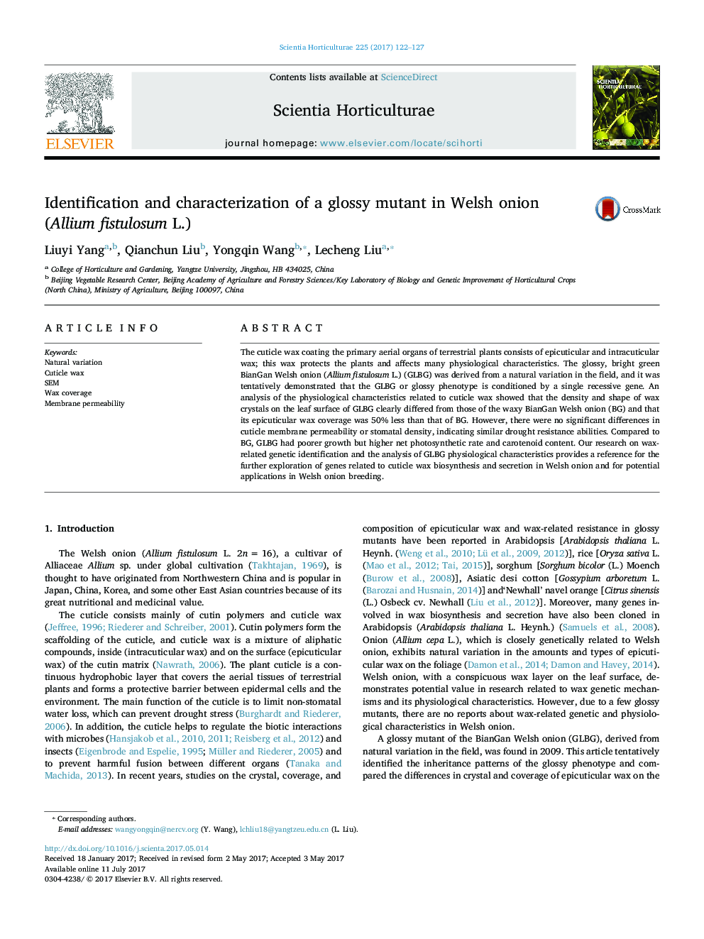 Identification and characterization of a glossy mutant in Welsh onion (Allium fistulosum L.)