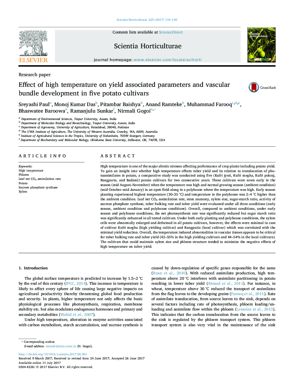 Research paperEffect of high temperature on yield associated parameters and vascular bundle development in five potato cultivars