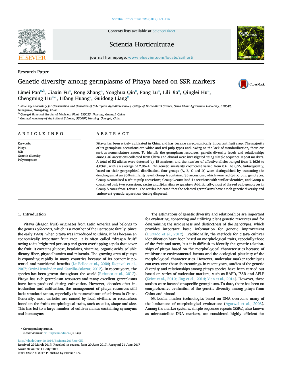 Research PaperGenetic diversity among germplasms of Pitaya based on SSR markers