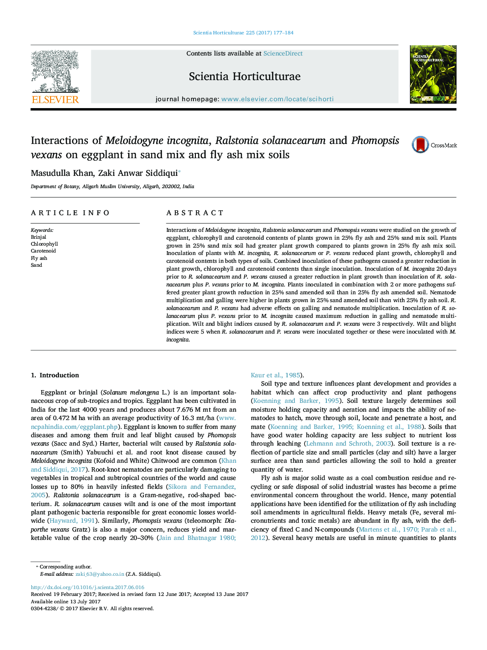 Interactions of Meloidogyne incognita, Ralstonia solanacearum and Phomopsis vexans on eggplant in sand mix and fly ash mix soils