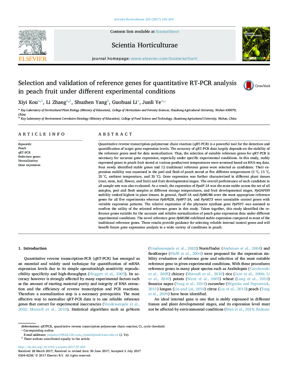 Selection and validation of reference genes for quantitative RT-PCR analysis in peach fruit under different experimental conditions