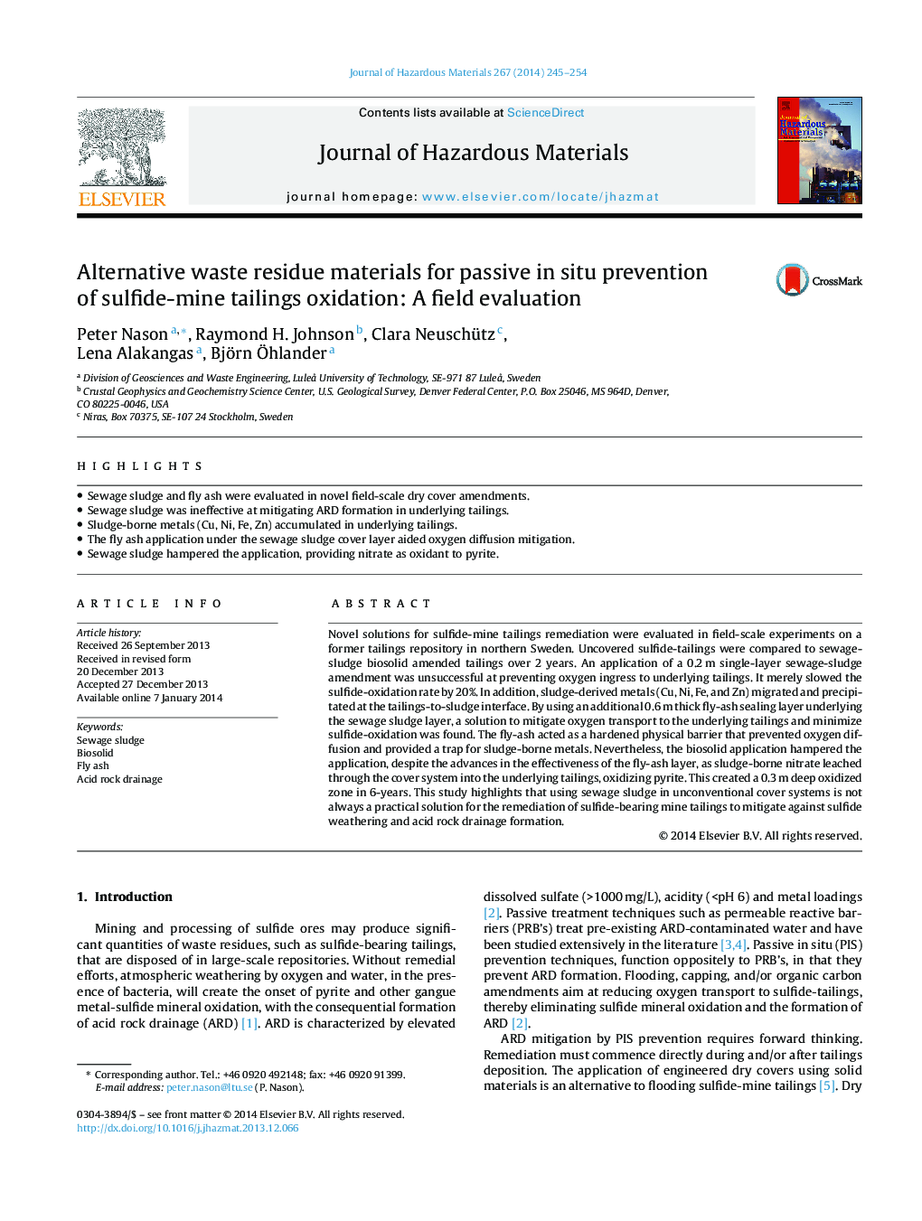 Alternative waste residue materials for passive in situ prevention of sulfide-mine tailings oxidation: A field evaluation