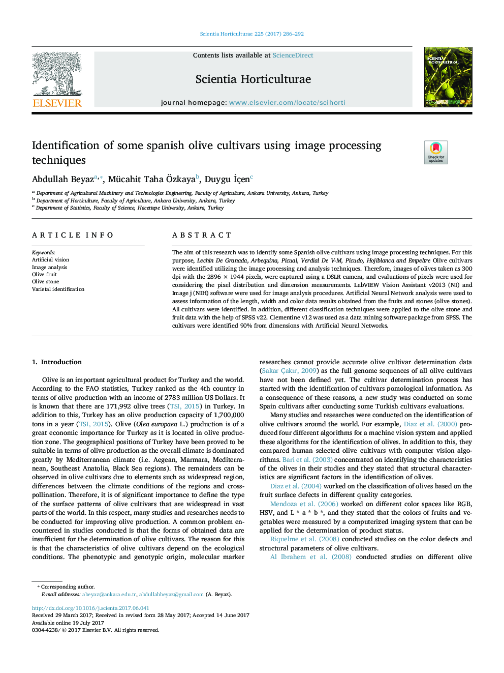 Identification of some spanish olive cultivars using image processing techniques