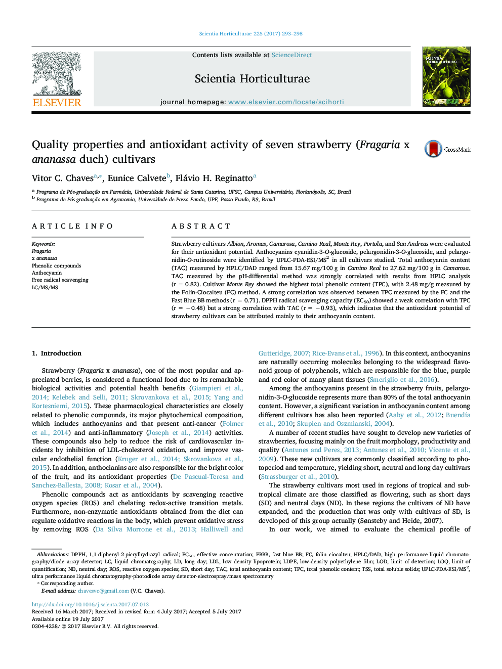 Quality properties and antioxidant activity of seven strawberry (Fragaria x ananassa duch) cultivars