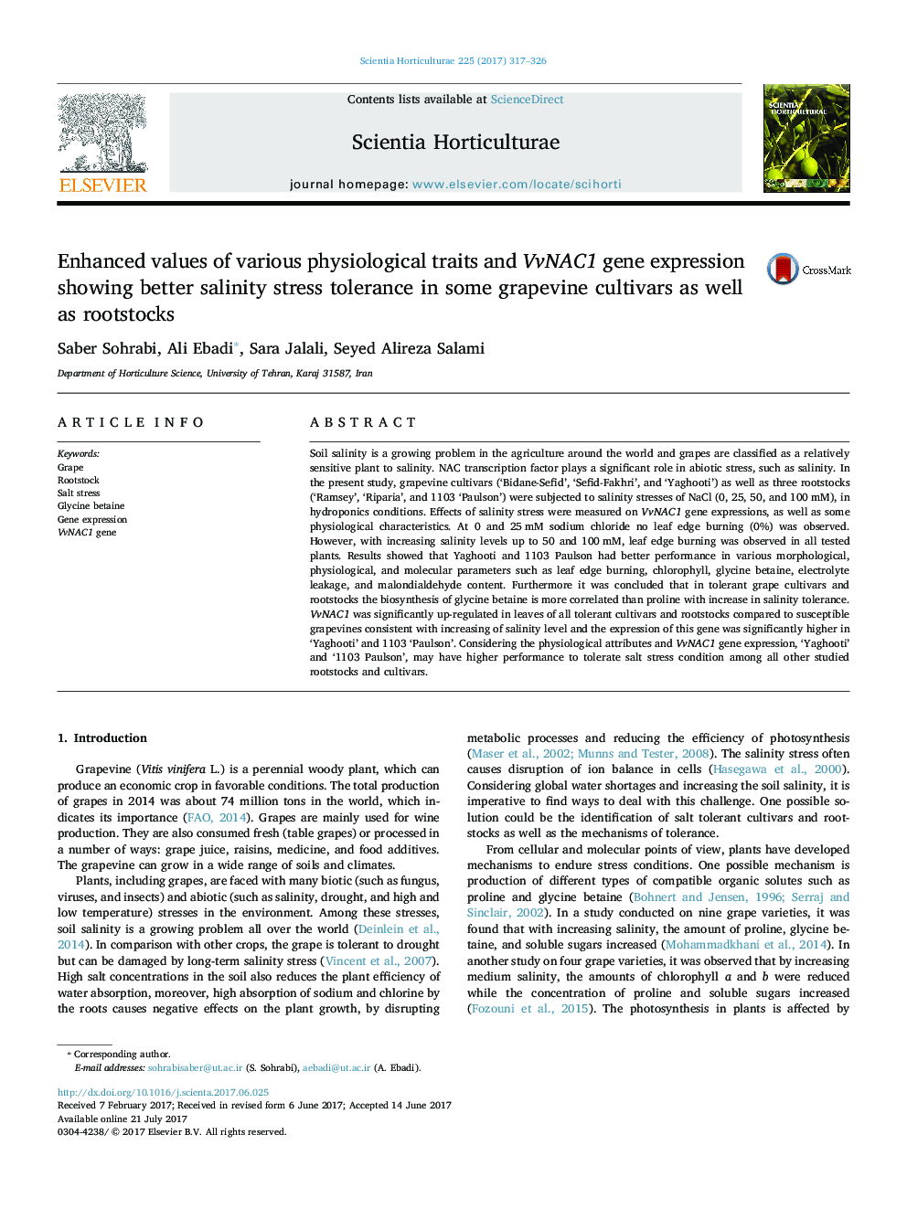 Enhanced values of various physiological traits and VvNAC1 gene expression showing better salinity stress tolerance in some grapevine cultivars as well as rootstocks